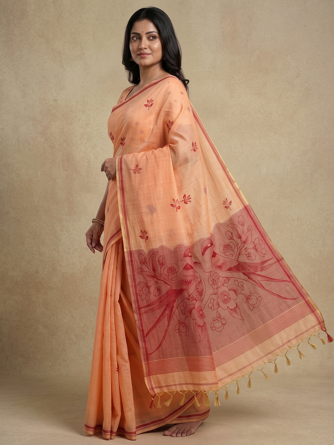 Peachmode Peach Jamdani Style Woven Soft Cotton Saree - Image 4