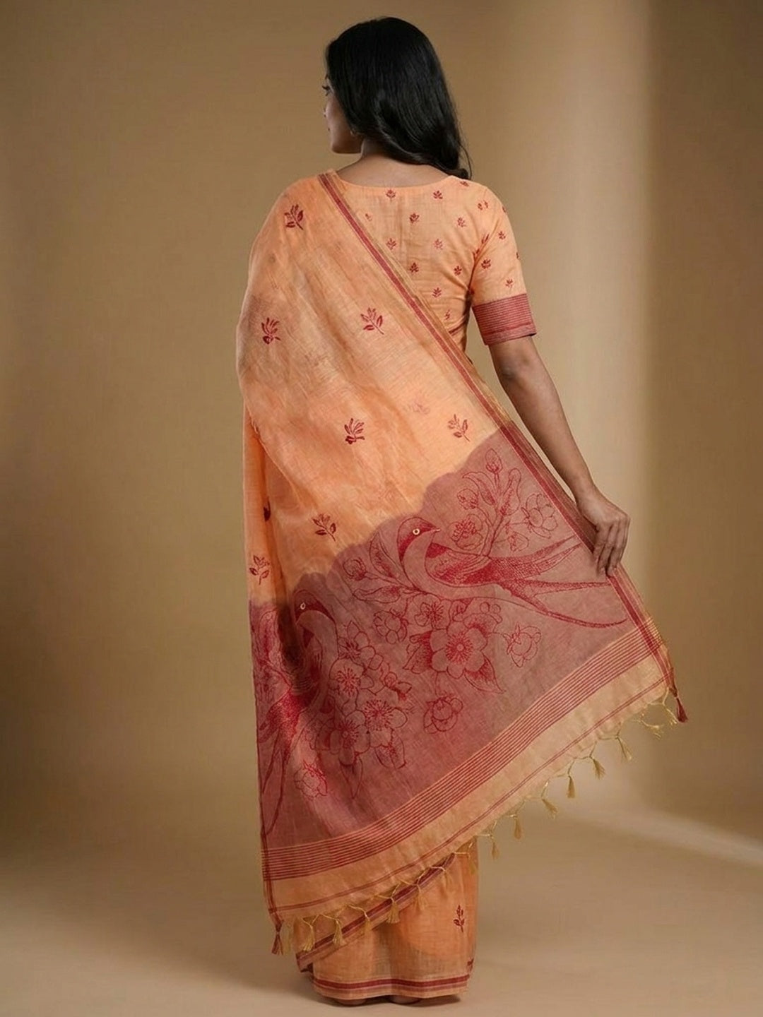 Peachmode Peach Jamdani Style Woven Soft Cotton Saree - Image 5