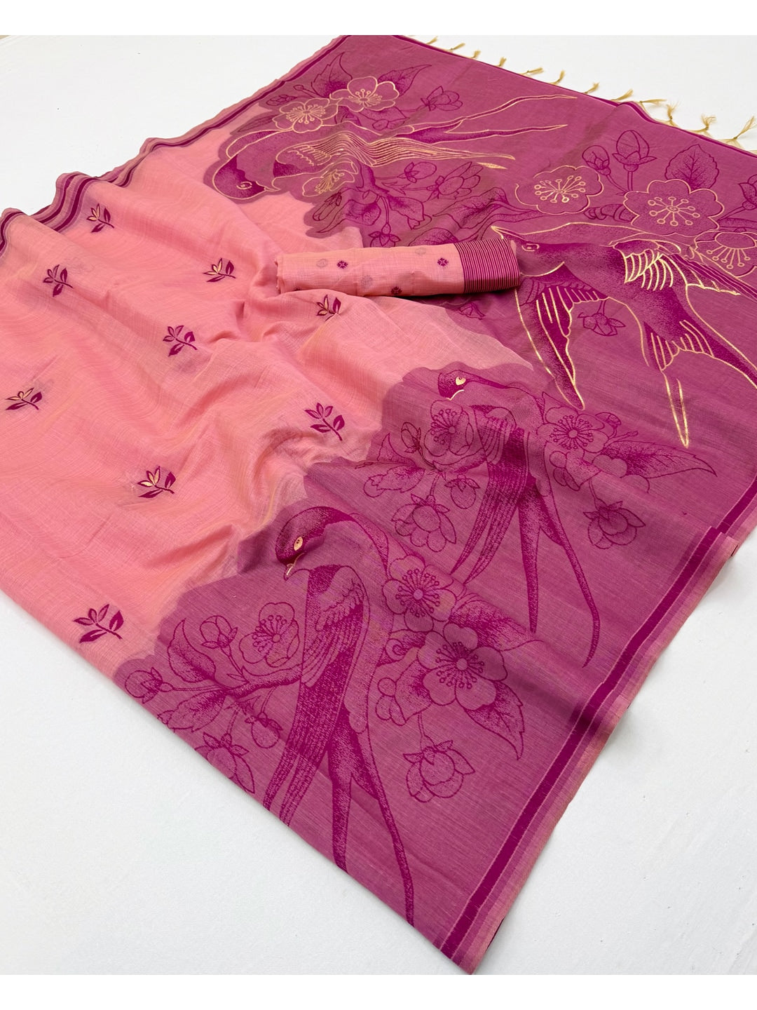 Peachmode Pink Jamdani Style Woven Soft Cotton Saree - Image 2