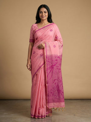 Peachmode Pink Jamdani Style Woven Soft Cotton Saree - Image 1