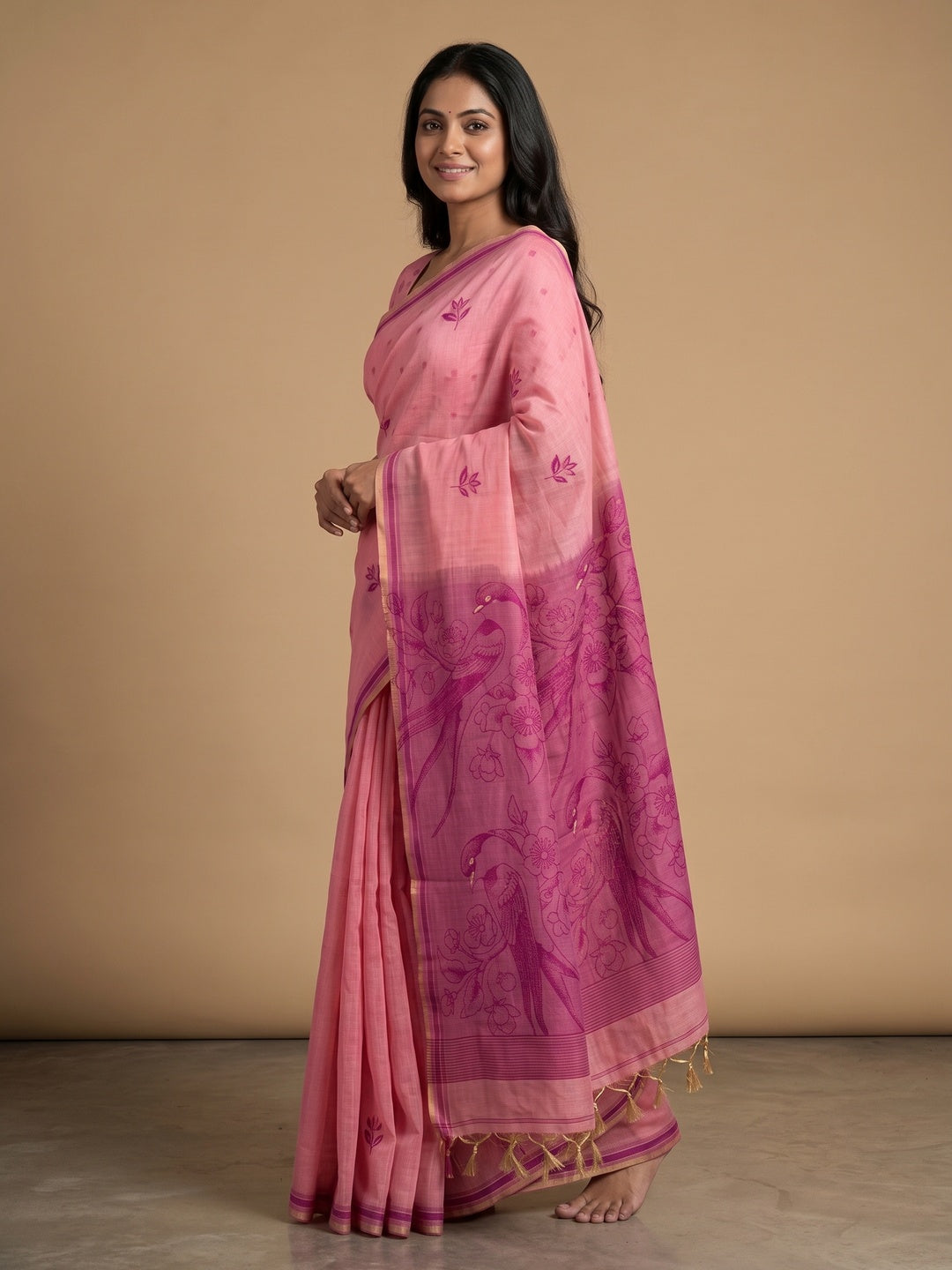 Peachmode Pink Jamdani Style Woven Soft Cotton Saree - Image 4