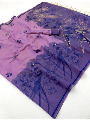 Peachmode Lavender Jamdani Style Woven Soft Cotton Saree - Image 2