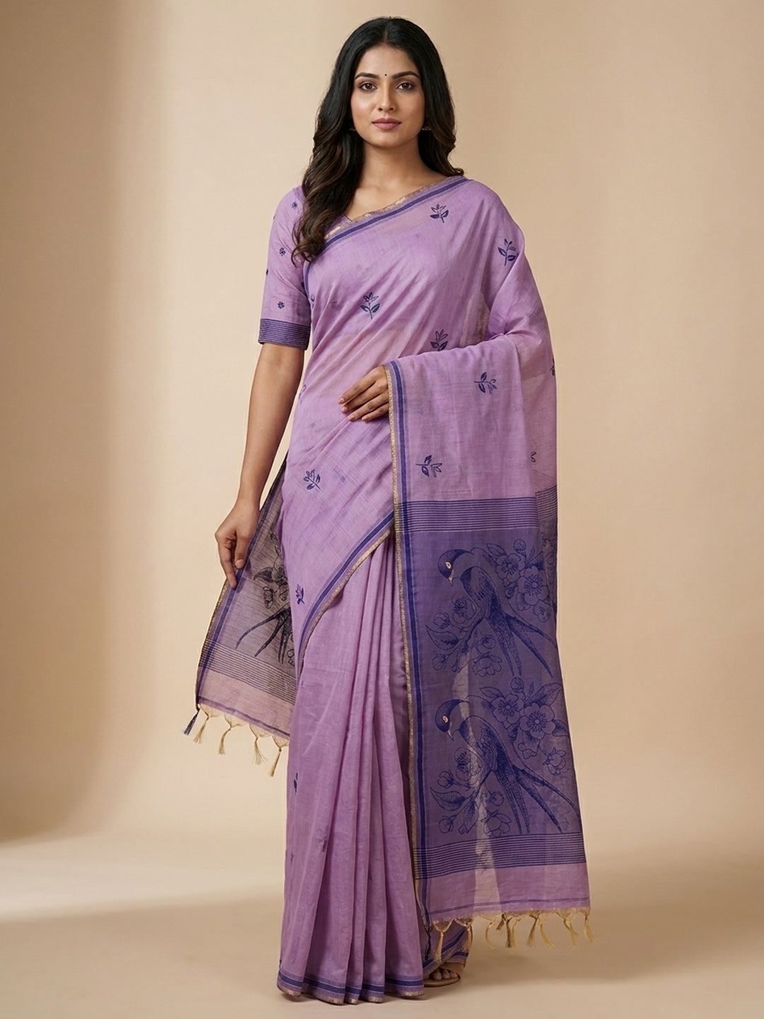 Peachmode Lavender Jamdani Style Woven Soft Cotton Saree - Image 1
