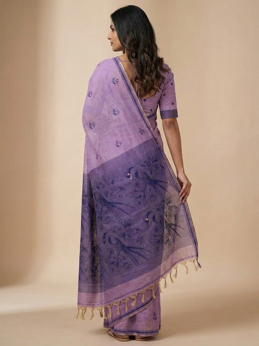 Peachmode Lavender Jamdani Style Woven Soft Cotton Saree - Image 5