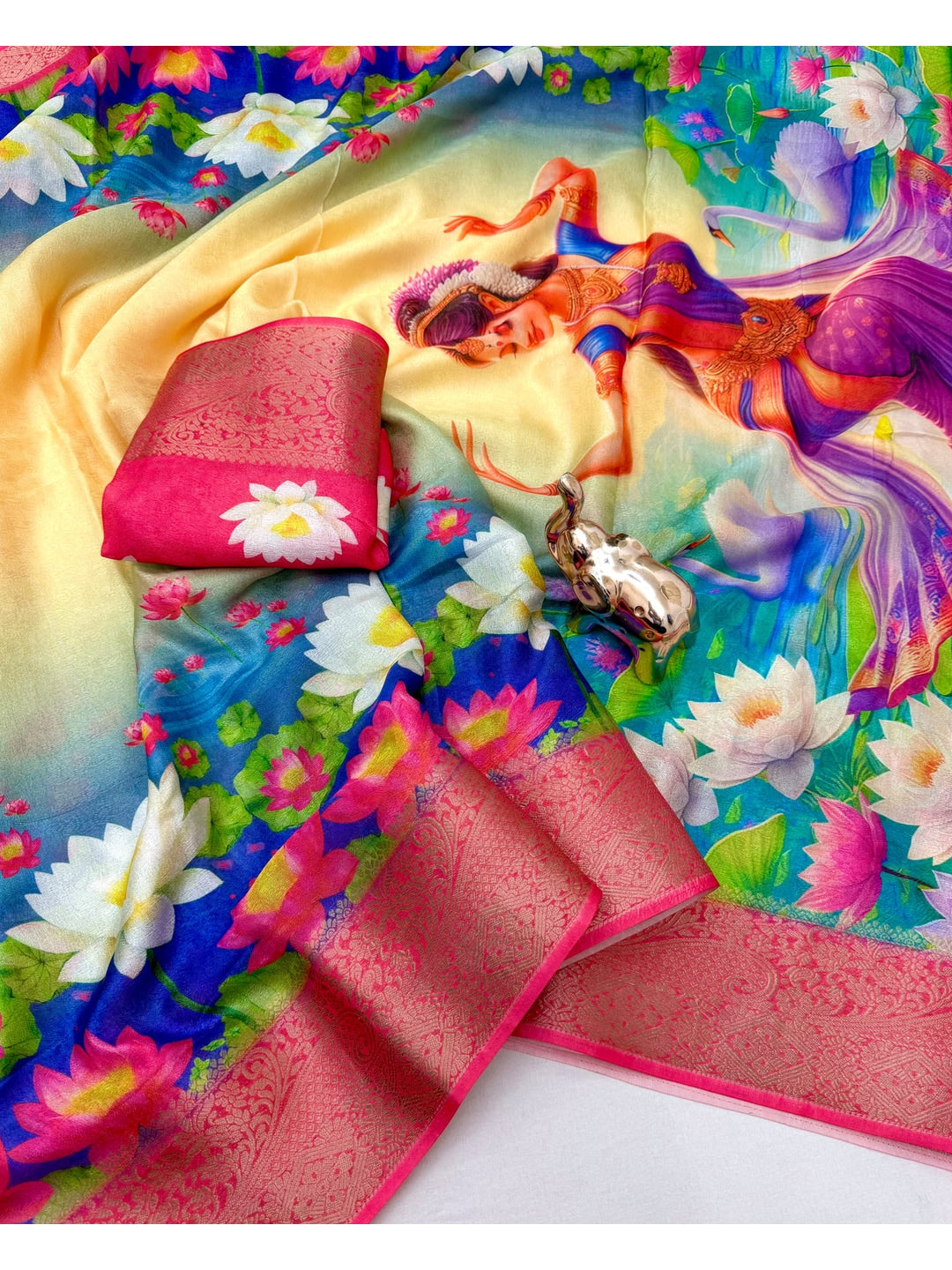 Peachmode Cream Yellow Folk Digital Printed Jacquard Saree With Woven Butti - Image 2