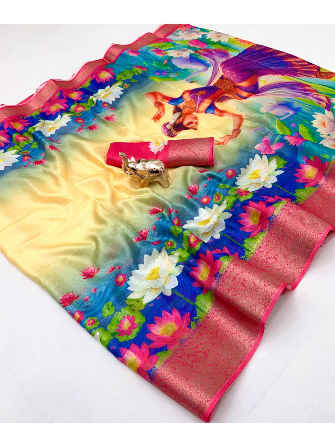 Peachmode Cream Yellow Folk Digital Printed Jacquard Saree With Woven Butti - Image 5