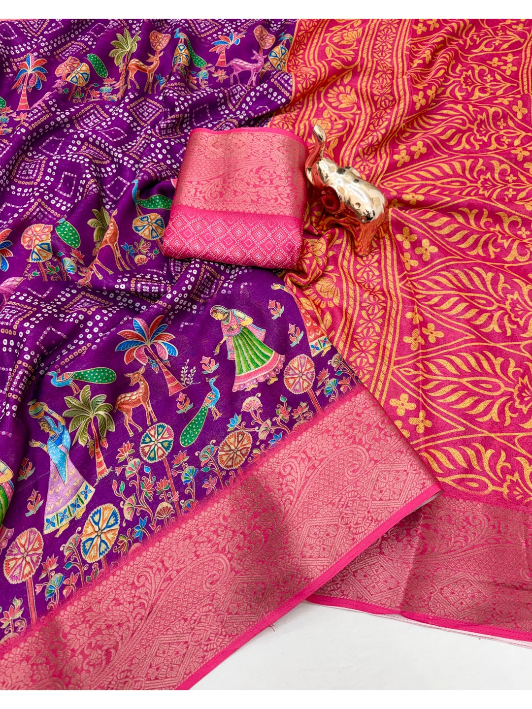 Peachmode Purple Folk Digital Printed Jacquard Saree With Woven Butti - Image 2
