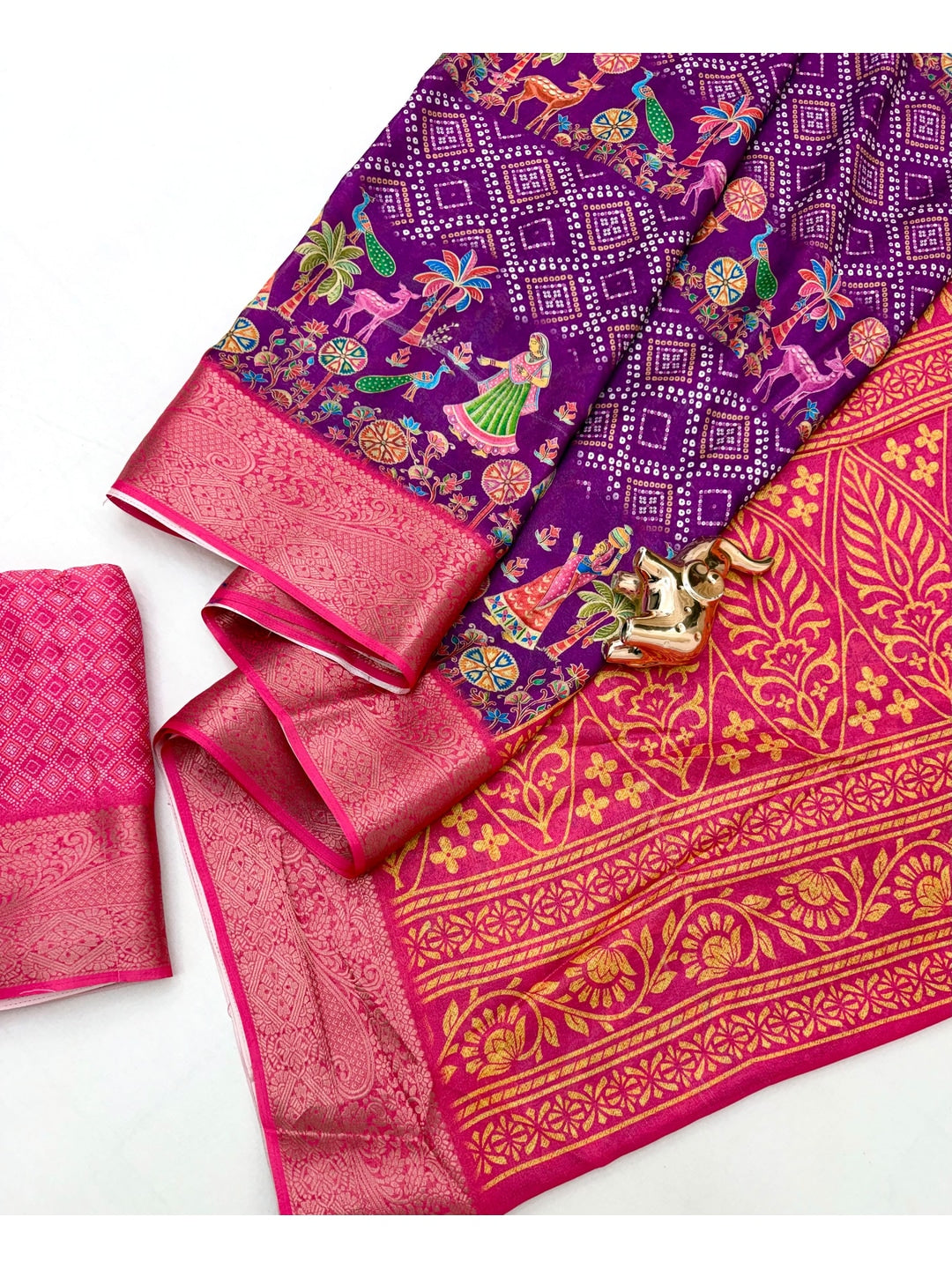 Peachmode Purple Folk Digital Printed Jacquard Saree With Woven Butti - Image 3