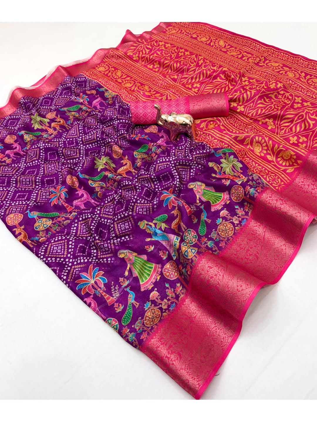 Peachmode Purple Folk Digital Printed Jacquard Saree With Woven Butti - Image 4