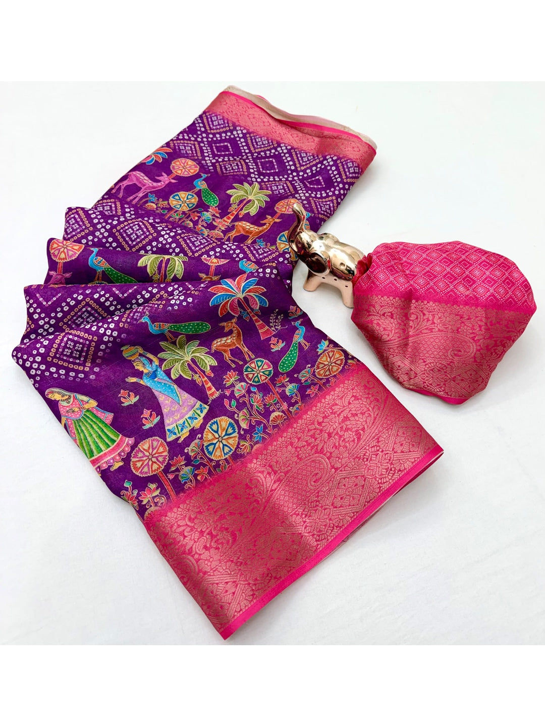Peachmode Purple Folk Digital Printed Jacquard Saree With Woven Butti - Image 5