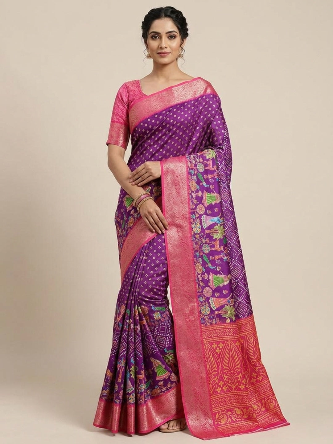Peachmode Purple Folk Digital Printed Jacquard Saree With Woven Butti - Image 1