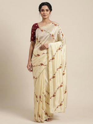 Peachmode Cream Bird Floral Embroidered Viscose Rangoli Saree - Image 1