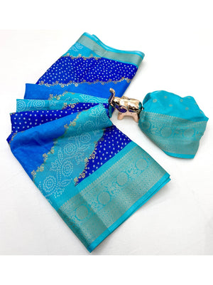 Peachmode Turquoise Blue Lahariya Zari Woven Dola Silk Saree - Image 2