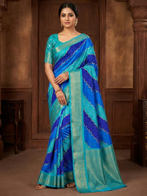 Peachmode Turquoise Blue Lahariya Zari Woven Dola Silk Saree - Image 1