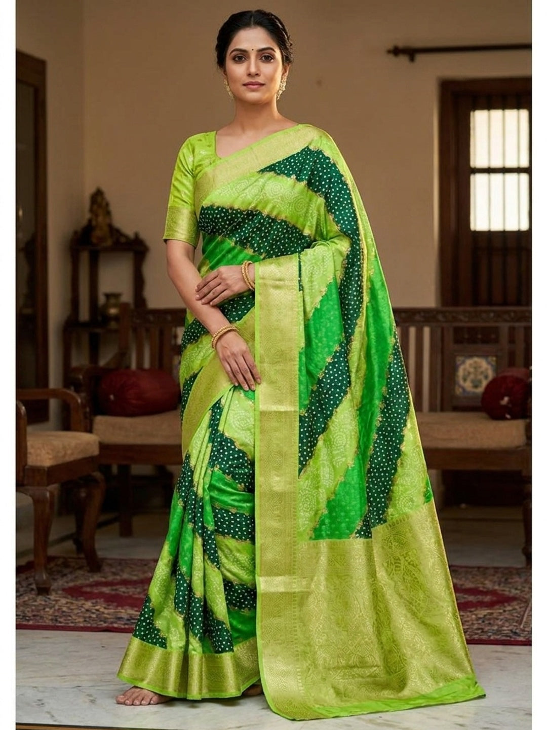 Peachmode Lime Green Lahariya Zari Woven Dola Silk Saree - Image 1