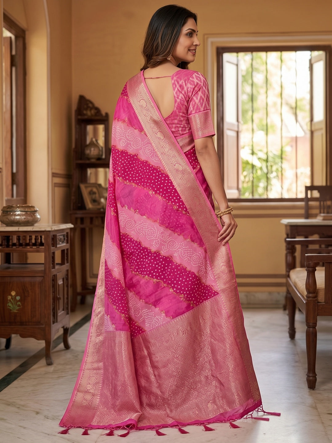 Peachmode Magenta Pink Lahariya Zari Woven Dola Silk Saree - Image 4