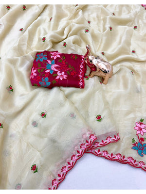 Peachmode Cream Rose Floral Embroidered Viscose Rangoli Saree - Image 2
