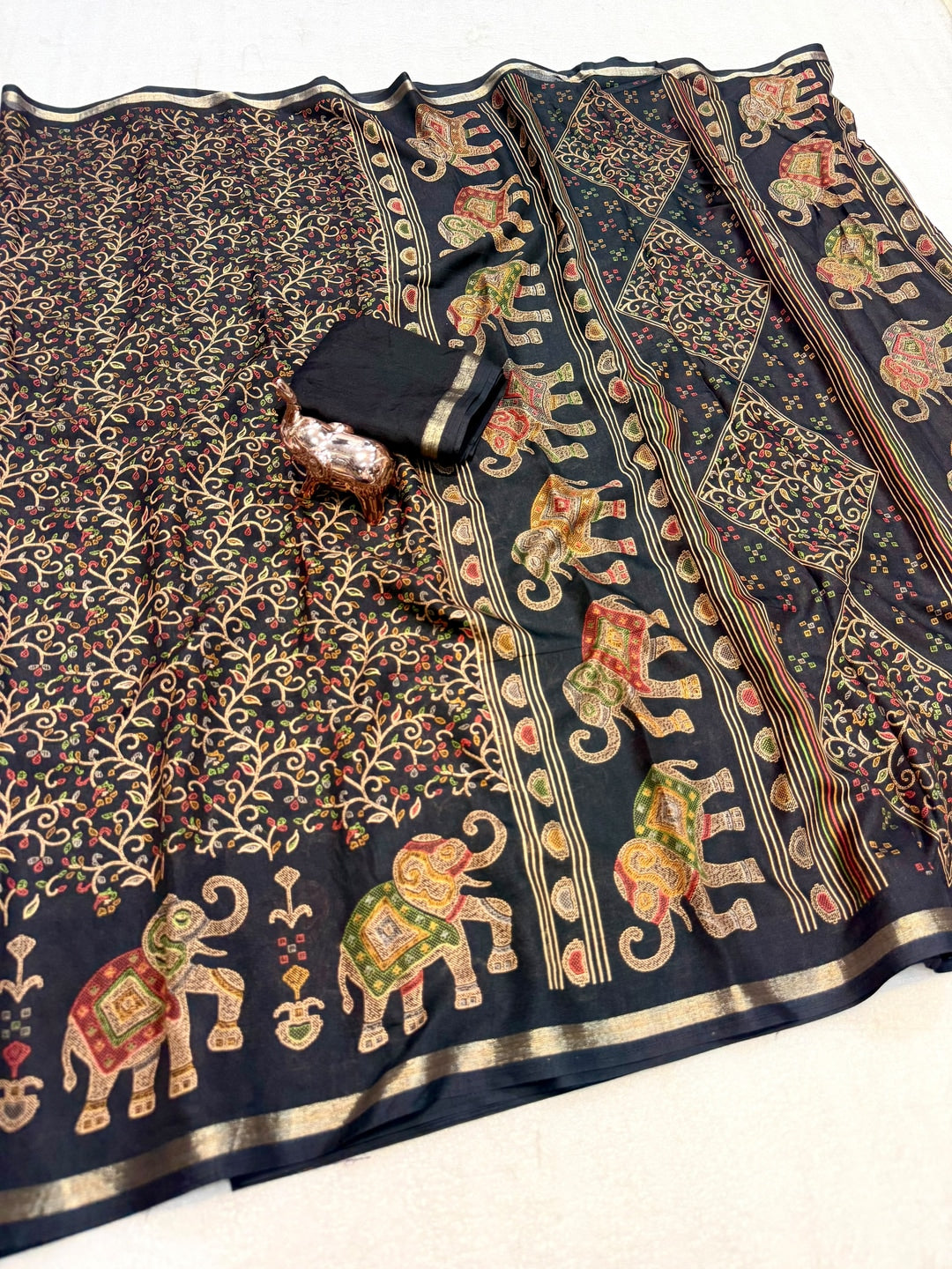 Peachmode Black Elephant Motif Digital Printed Tussar Silk Saree - Image 3