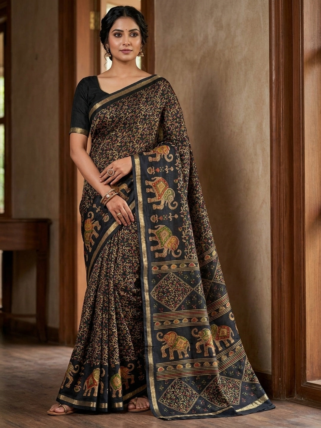 Peachmode Black Elephant Motif Digital Printed Tussar Silk Saree - Image 1