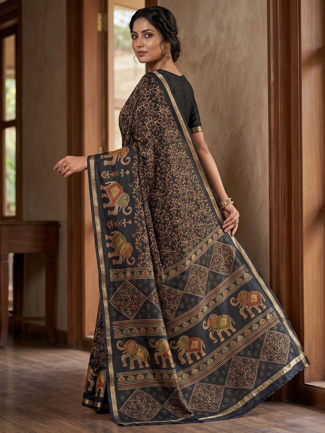 Peachmode Black Elephant Motif Digital Printed Tussar Silk Saree - Image 5