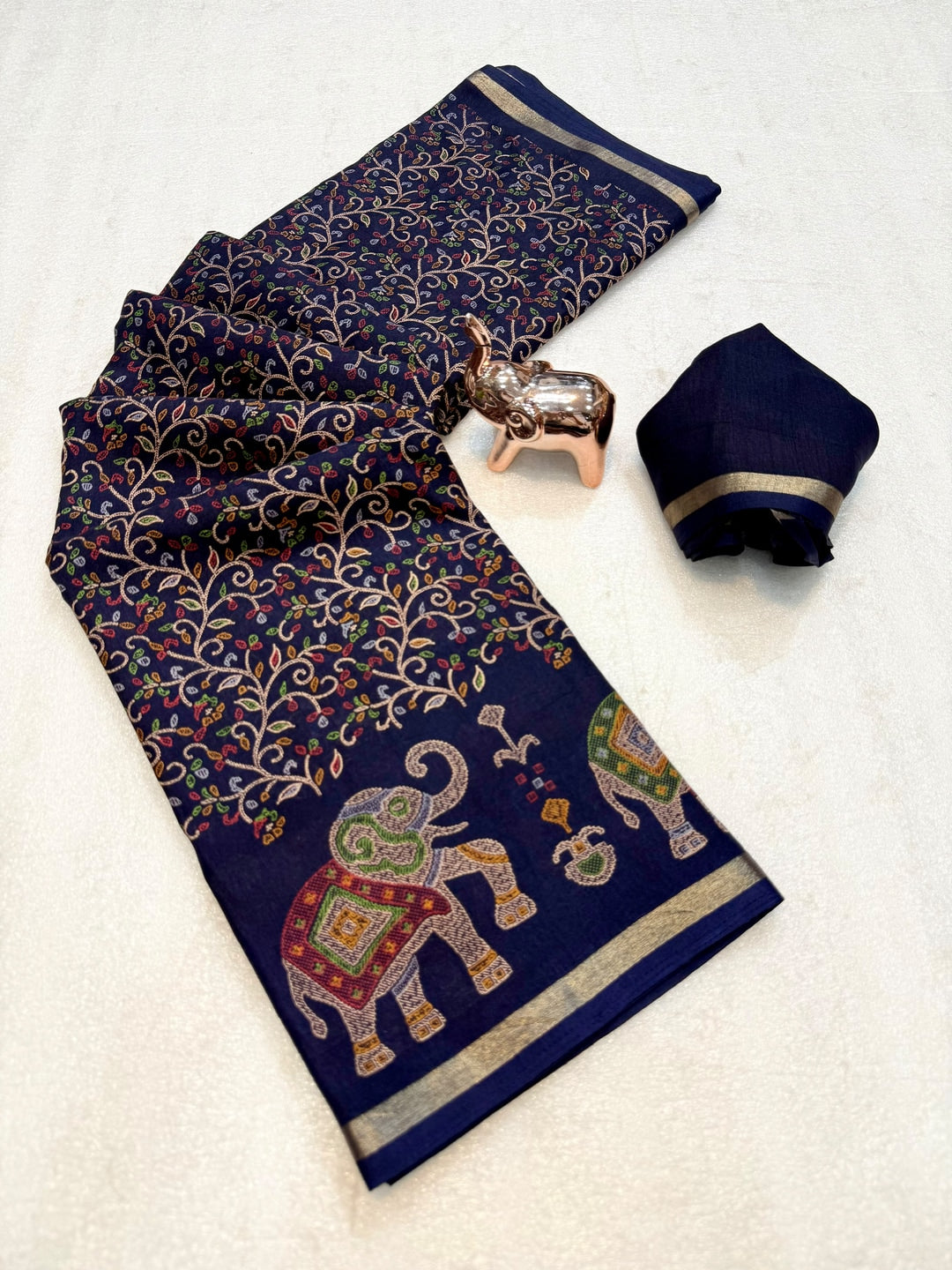 Peachmode Navy Blue Elephant Motif Digital Printed Tussar Silk Saree - Image 2
