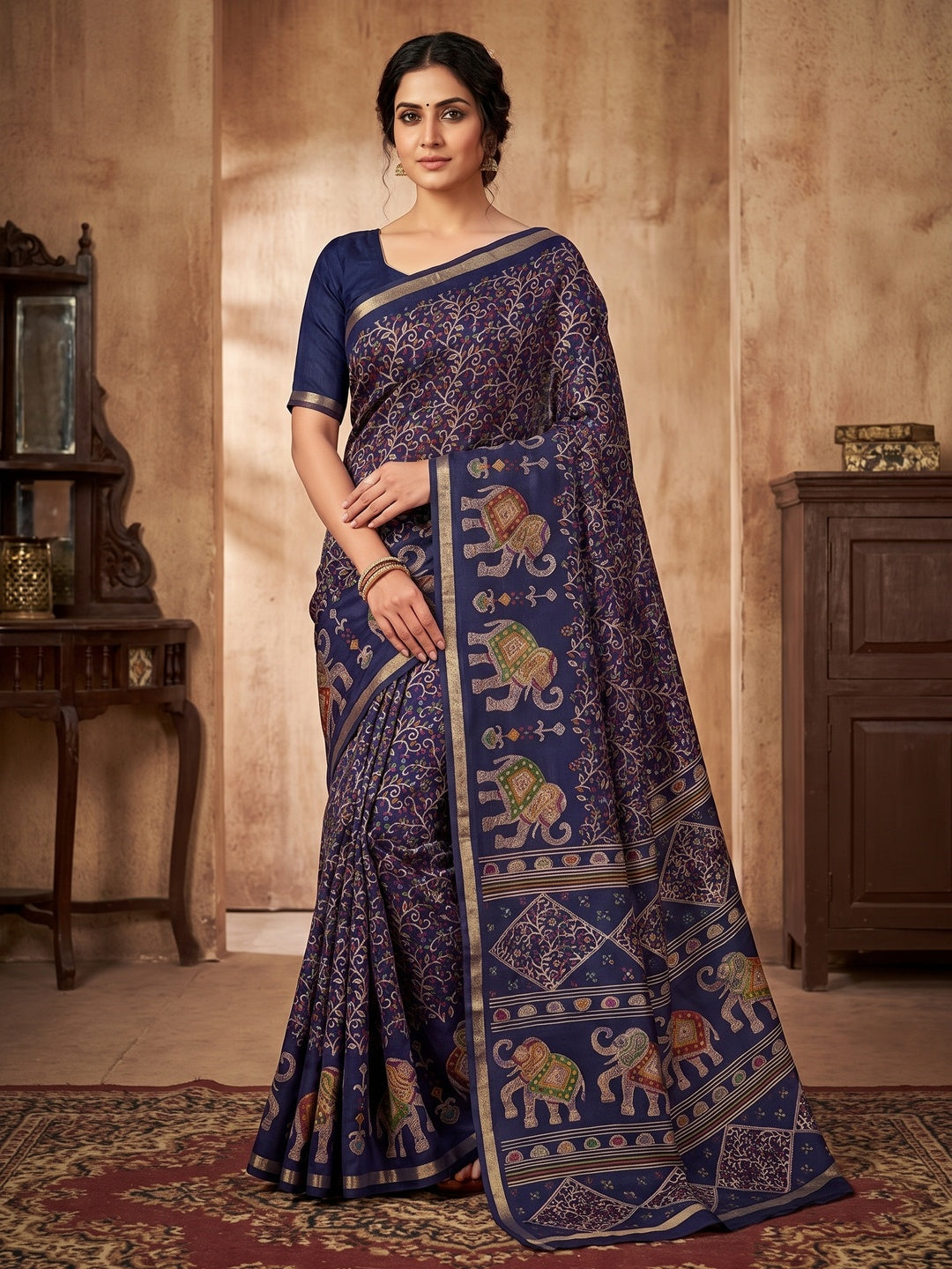 Peachmode Navy Blue Elephant Motif Digital Printed Tussar Silk Saree - Image 5