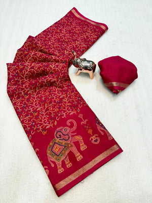 Peachmode Pink Elephant Motif Digital Printed Tussar Silk Saree - Image 2