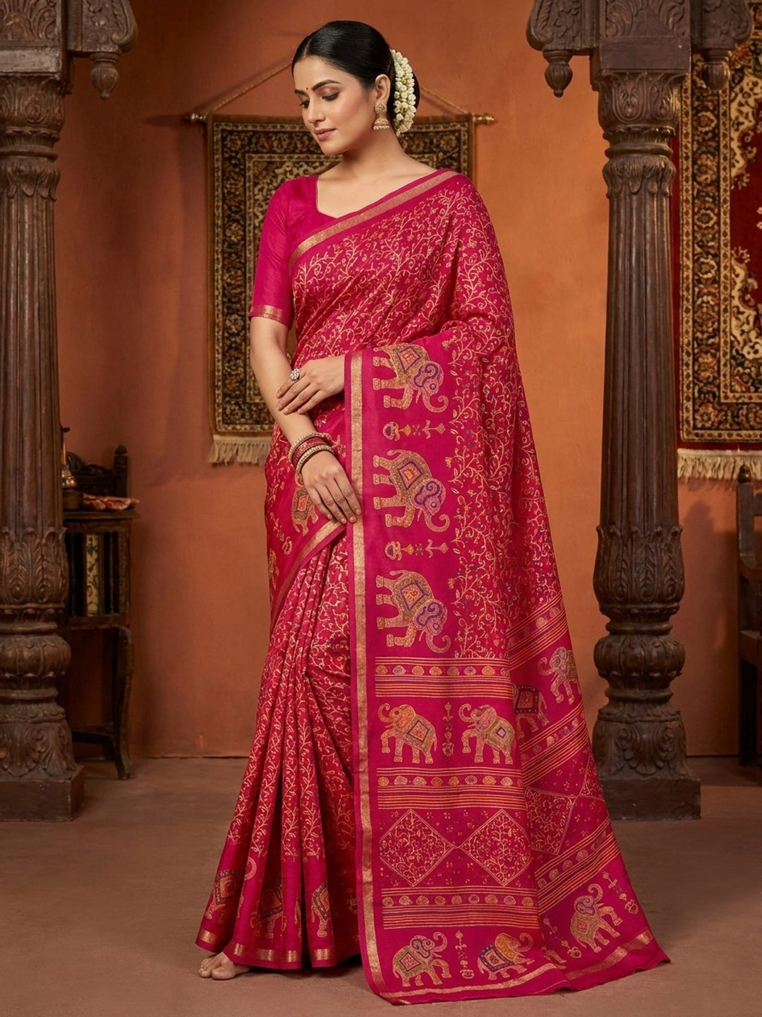 Peachmode Pink Elephant Motif Digital Printed Tussar Silk Saree - Image 1