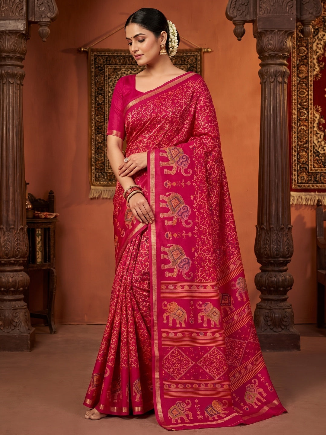 Peachmode Pink Elephant Motif Digital Printed Tussar Silk Saree - Image 5