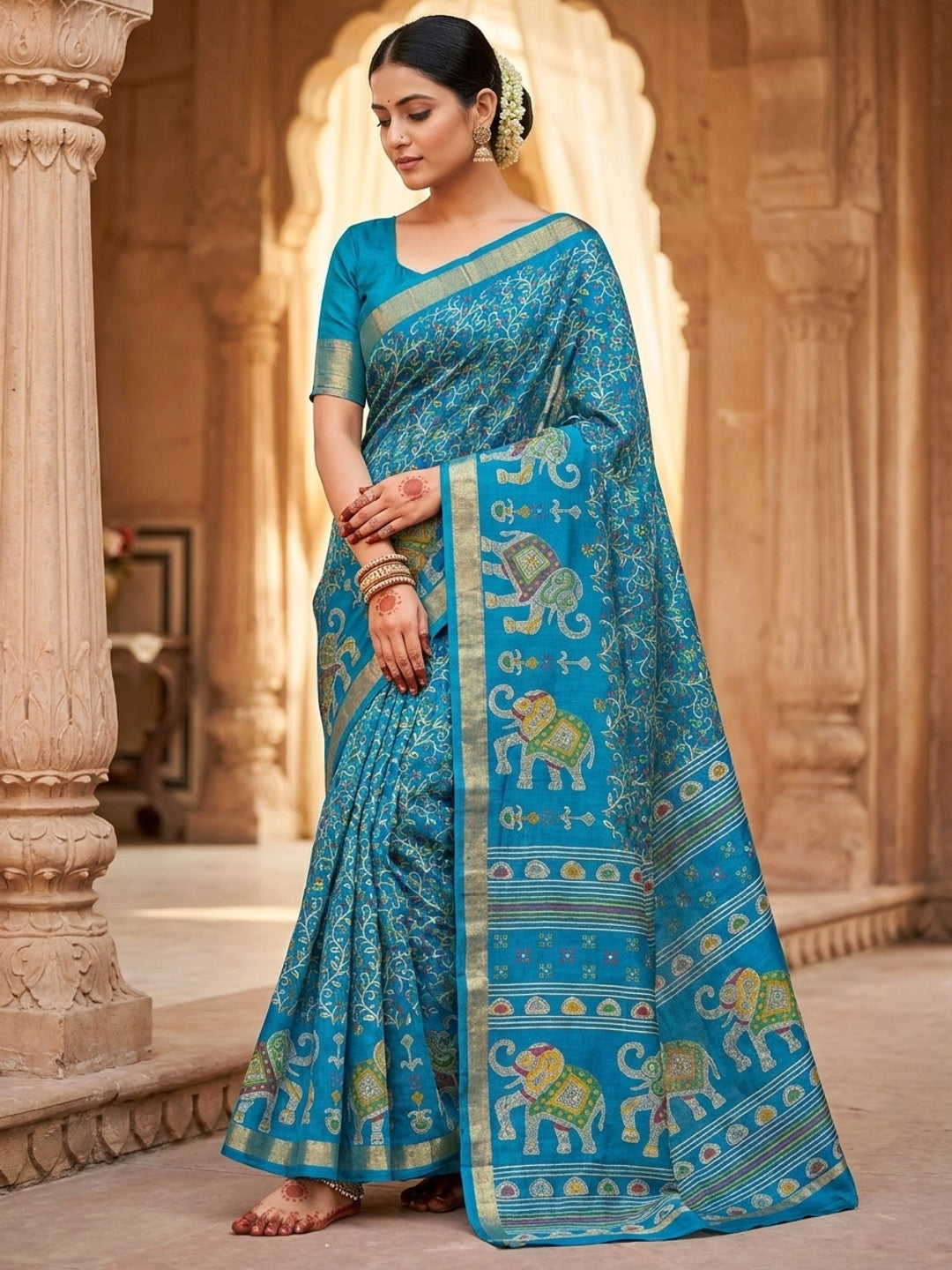 Peachmode Turquoise Elephant Motif Digital Printed Tussar Silk Saree - Image 1