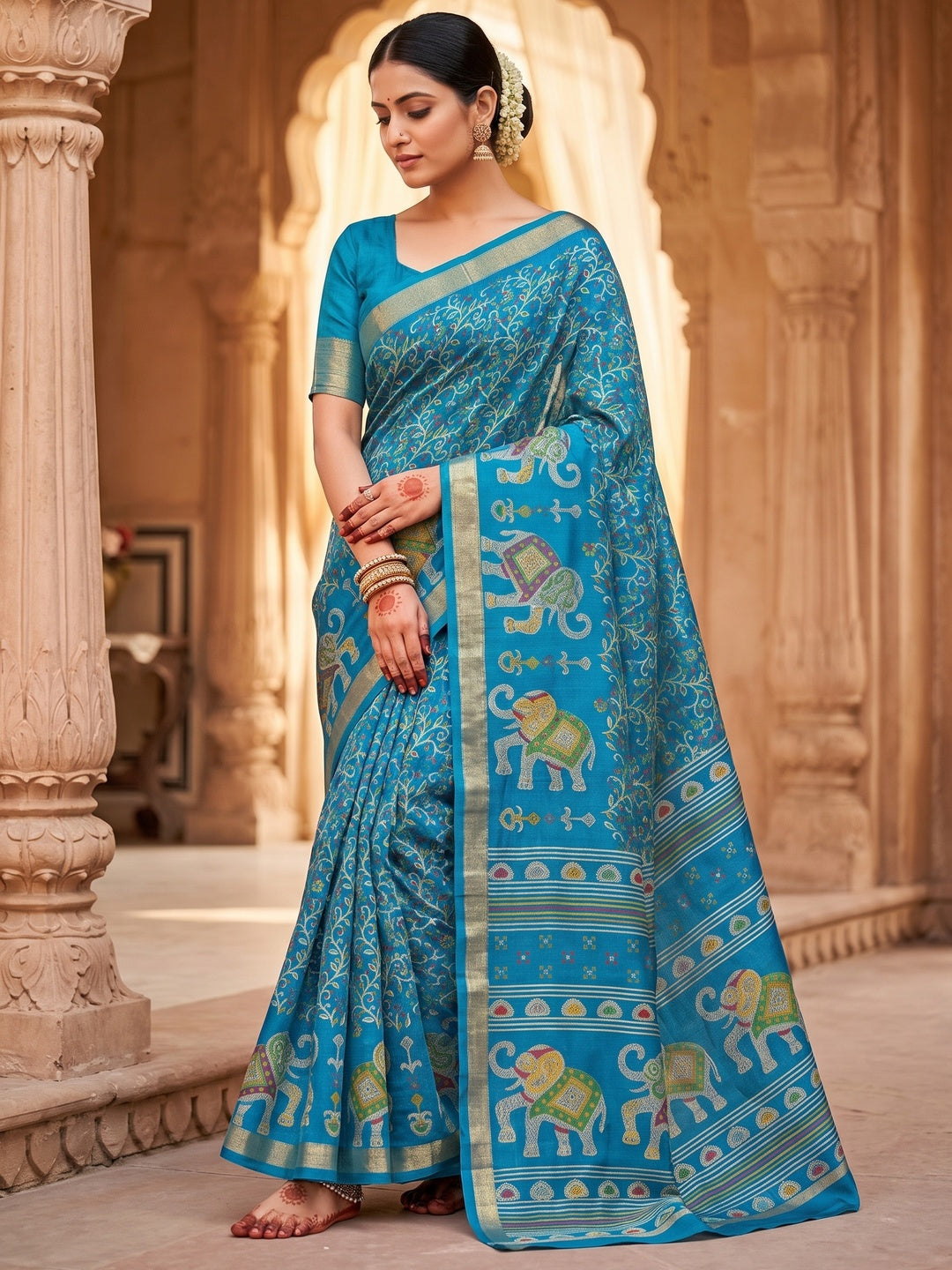 Peachmode Turquoise Elephant Motif Digital Printed Tussar Silk Saree - Image 5