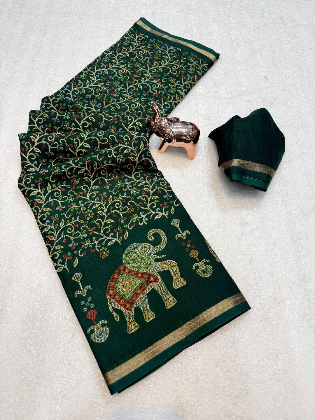 Peachmode Dark Green Elephant Motif Digital Printed Tussar Silk Saree - Image 2