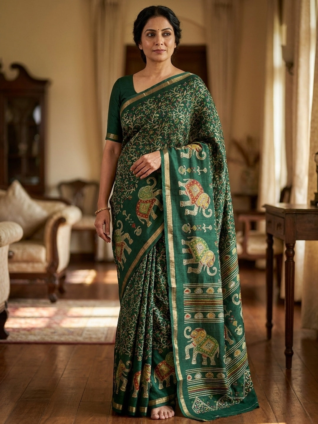 Peachmode Dark Green Elephant Motif Digital Printed Tussar Silk Saree - Image 1