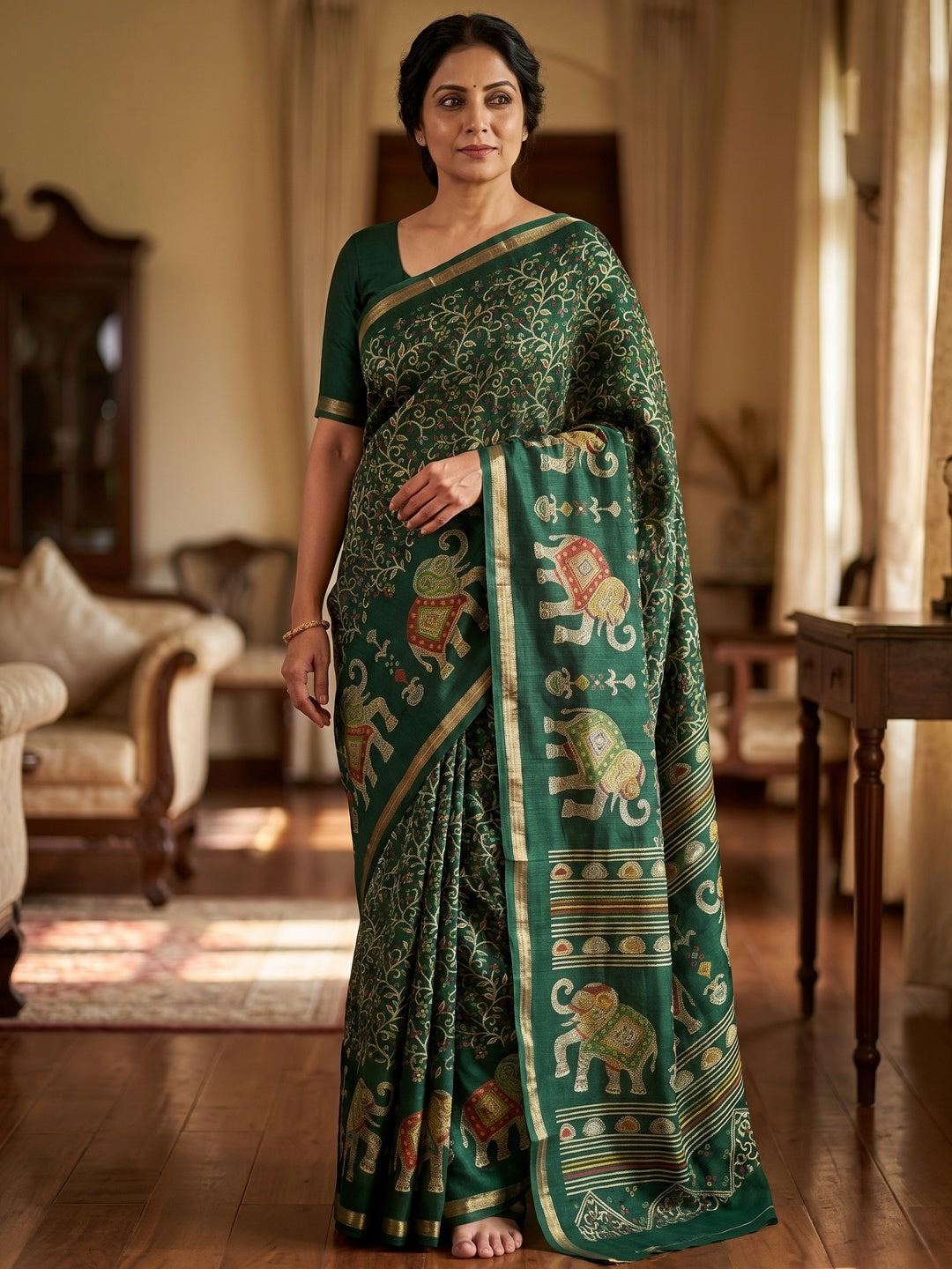 Peachmode Dark Green Elephant Motif Digital Printed Tussar Silk Saree - Image 5