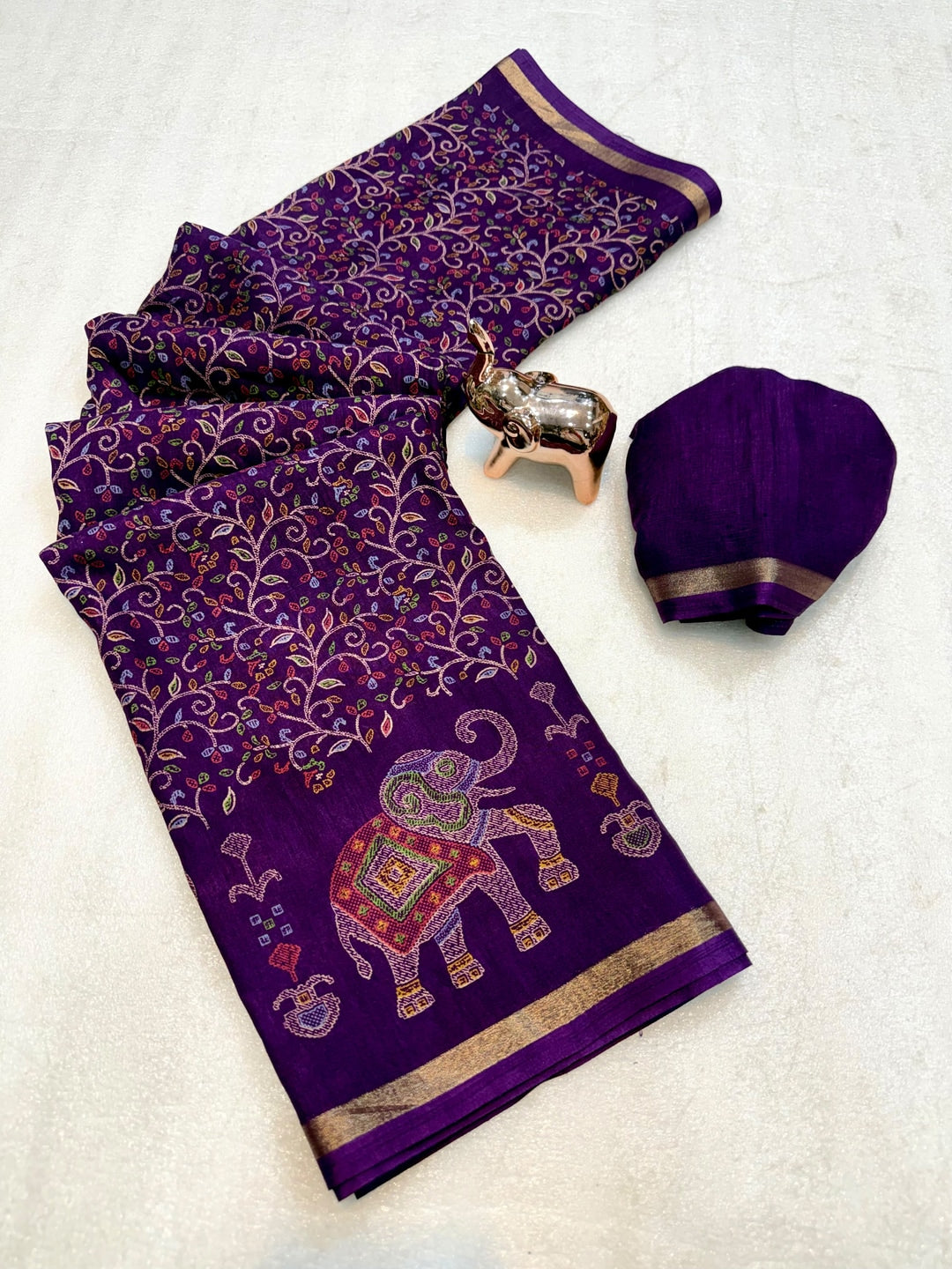 Peachmode Purple Elephant Motif Digital Printed Tussar Silk Saree - Image 2
