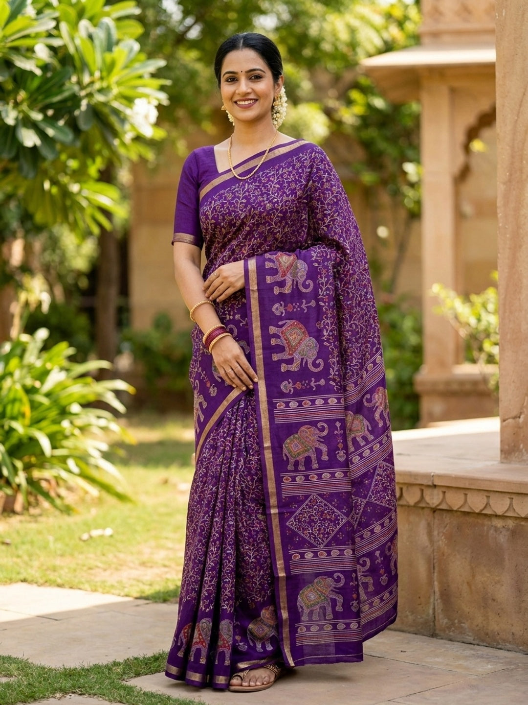 Peachmode Purple Elephant Motif Digital Printed Tussar Silk Saree - Image 1