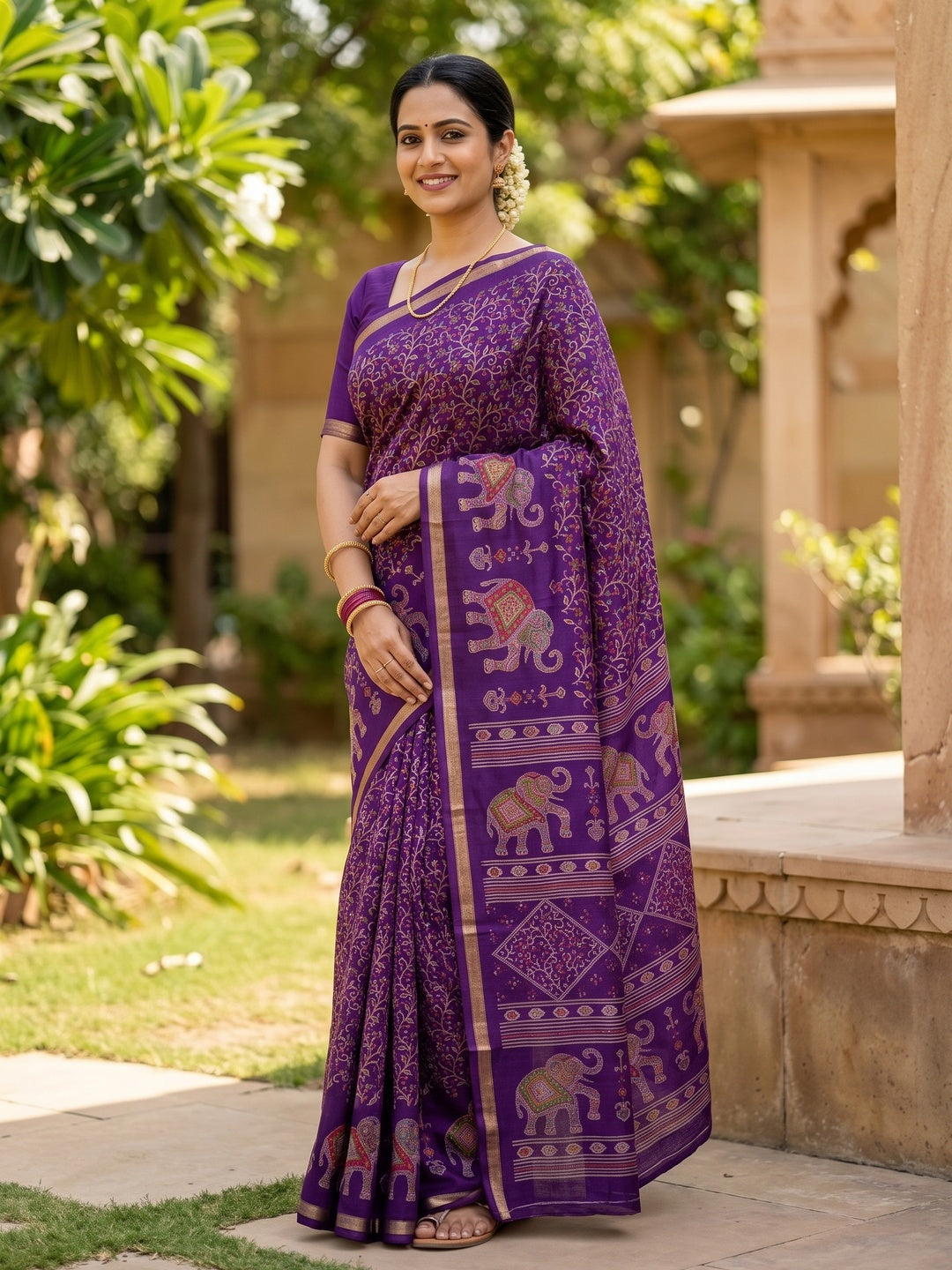 Peachmode Purple Elephant Motif Digital Printed Tussar Silk Saree - Image 5