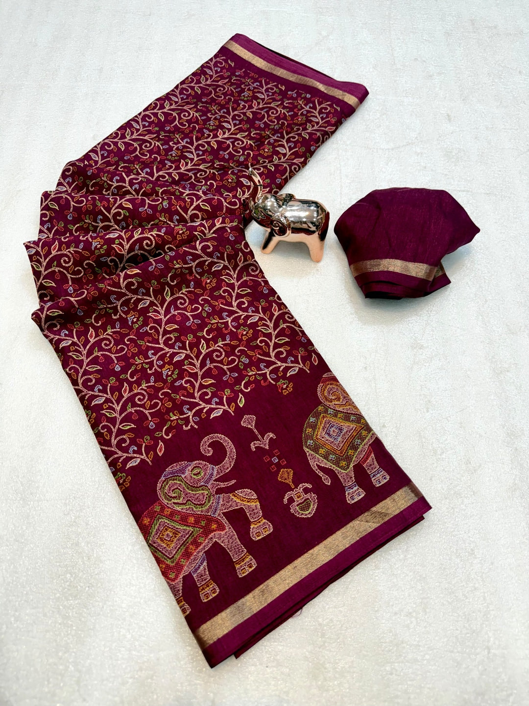Peachmode Wine Elephant Motif Digital Printed Tussar Silk Saree - Image 2