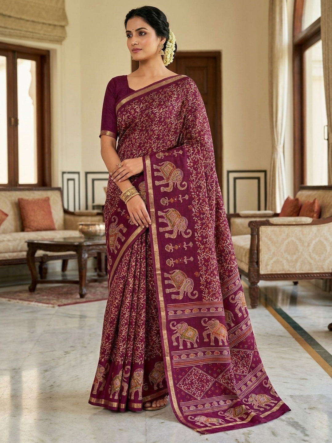 Peachmode Wine Elephant Motif Digital Printed Tussar Silk Saree - Image 1