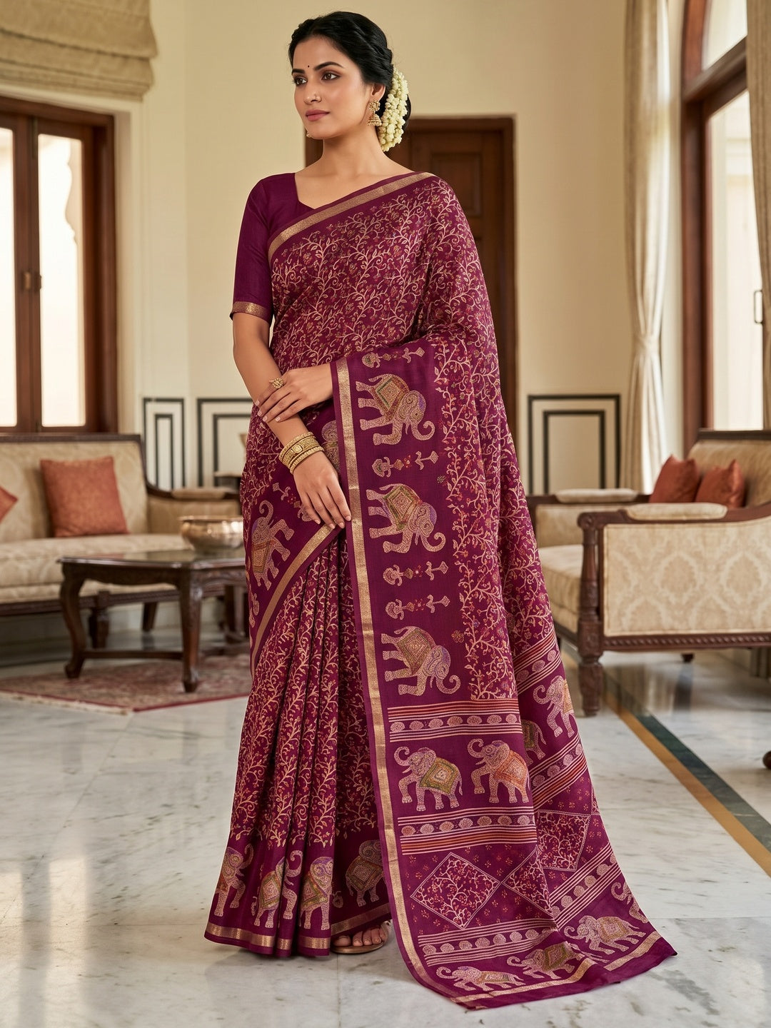 Peachmode Wine Elephant Motif Digital Printed Tussar Silk Saree - Image 5