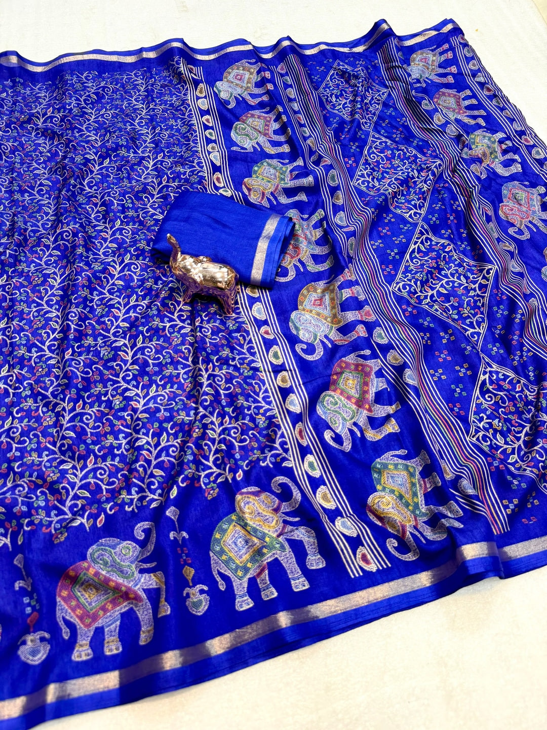 Peachmode Royal Blue Elephant Motif Digital Printed Tussar Silk Saree - Image 3