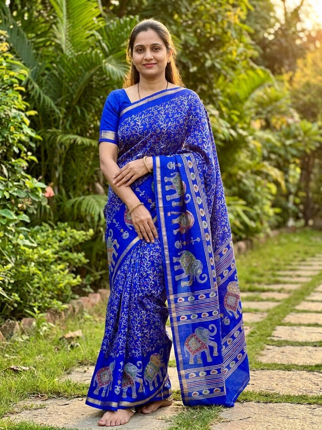 Peachmode Royal Blue Elephant Motif Digital Printed Tussar Silk Saree - Image 1