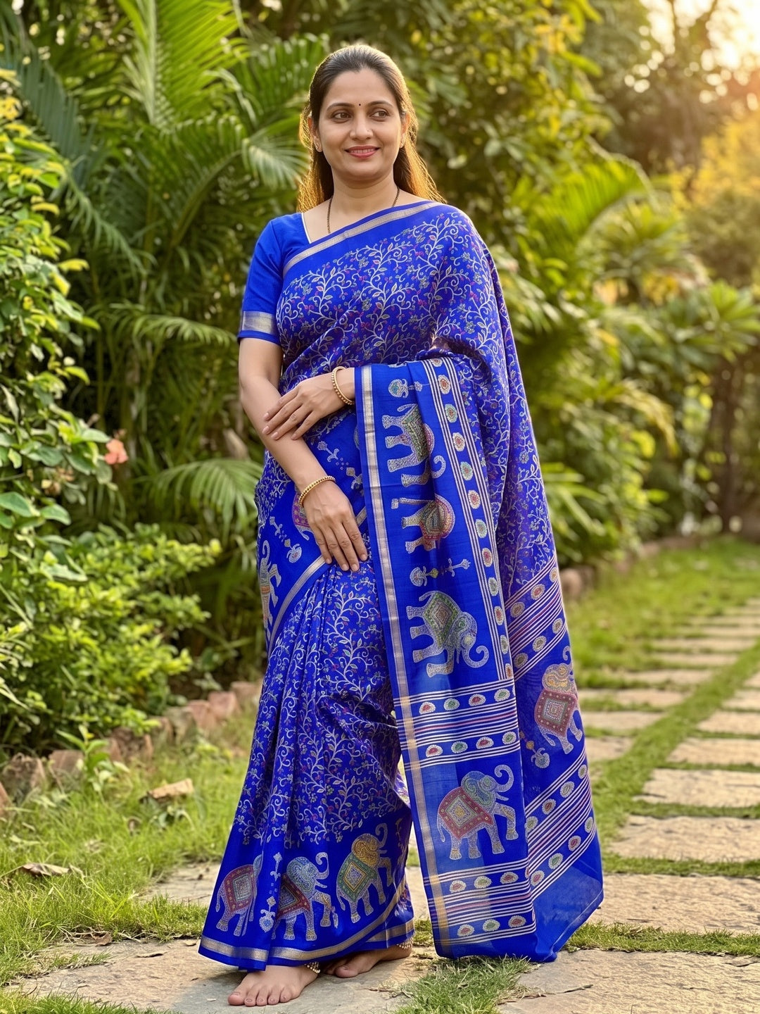 Peachmode Royal Blue Elephant Motif Digital Printed Tussar Silk Saree - Image 5