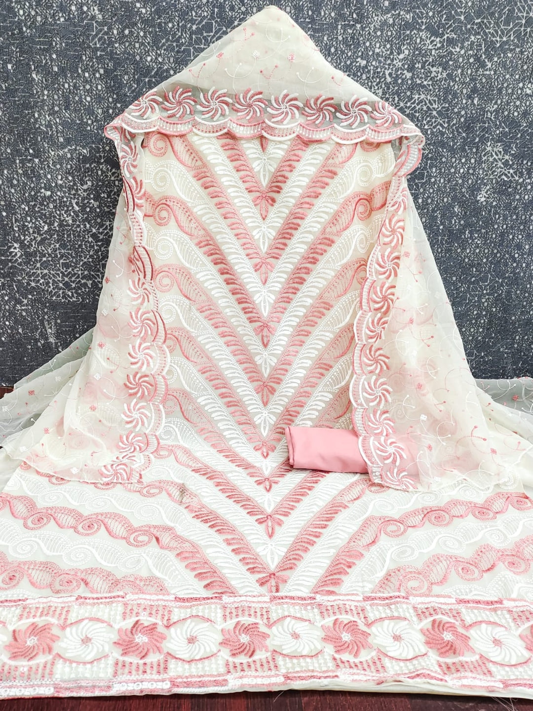 Pink Georgette Embroidered Unstitched Dress Material - Image 3