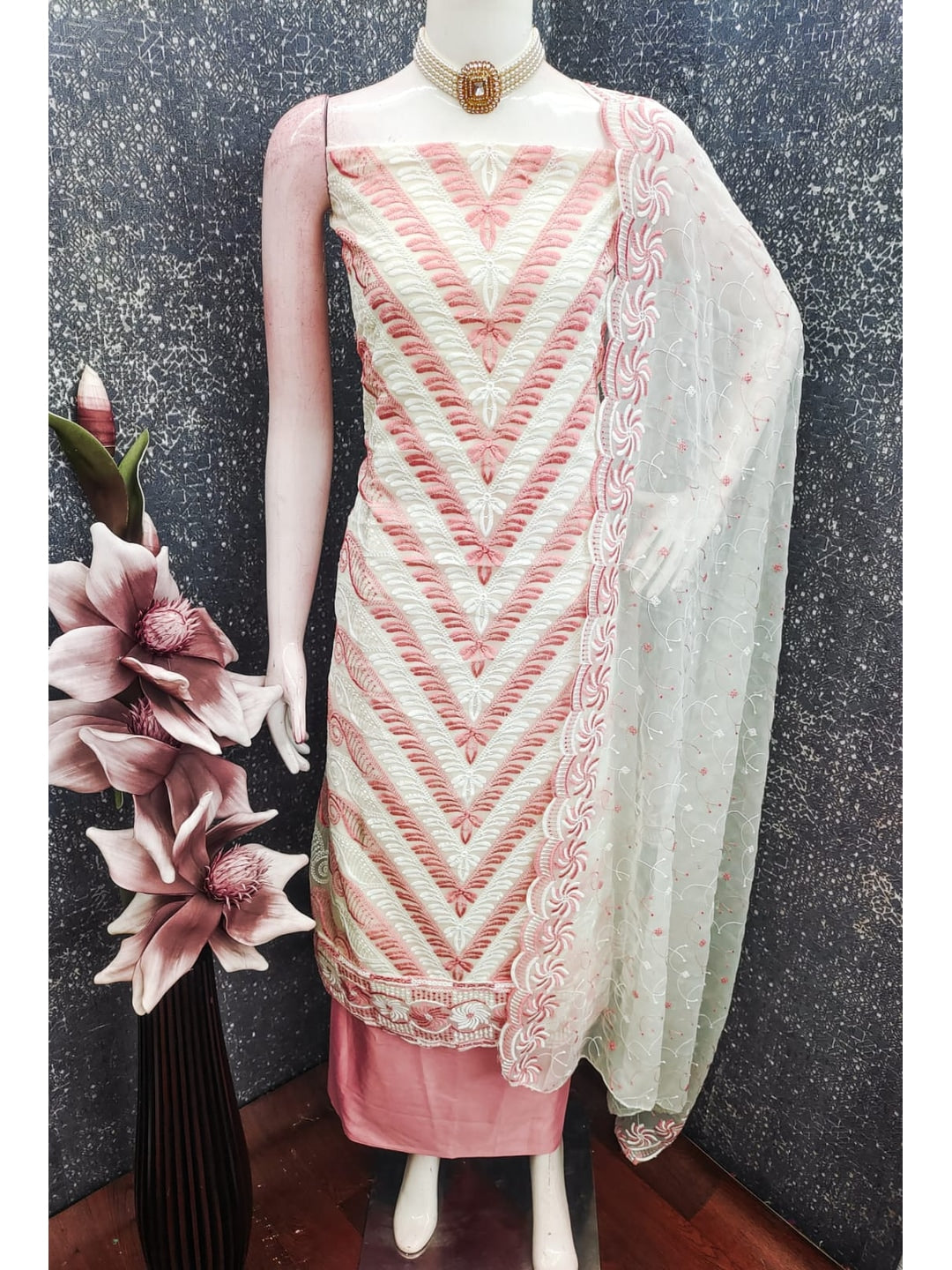 Pink Georgette Embroidered Unstitched Dress Material - Image 4