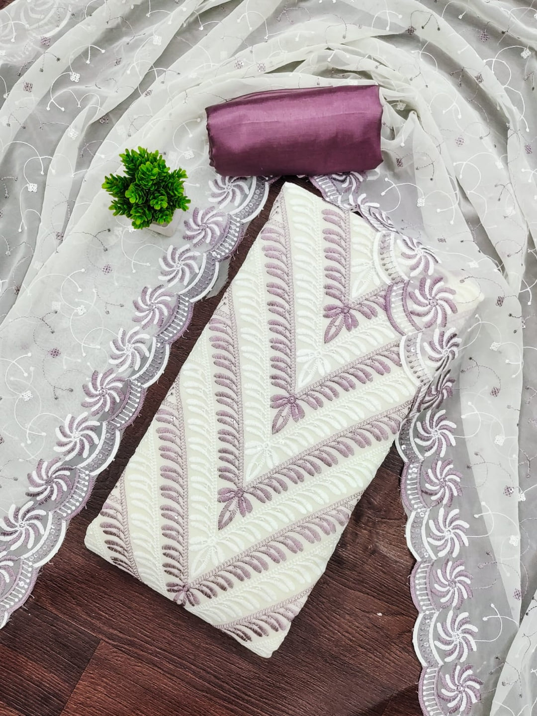 Lavender Georgette Embroidered Unstitched Dress Material - Image 1
