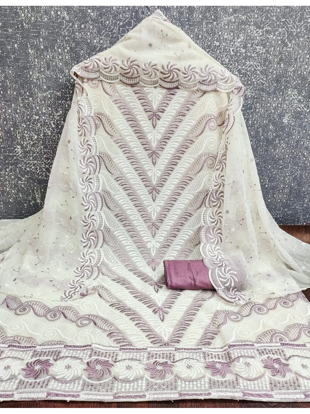 Lavender Georgette Embroidered Unstitched Dress Material - Image 4