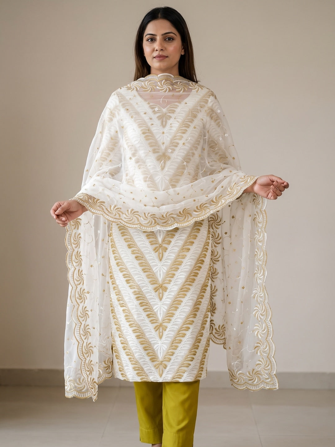 Mustard Georgette Embroidered Unstitched Dress Material - Image 2