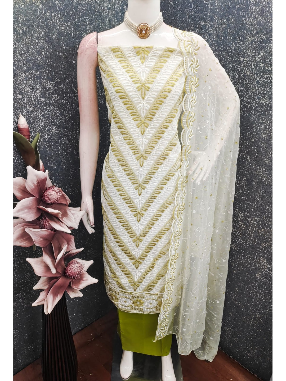 Mustard Georgette Embroidered Unstitched Dress Material - Image 5