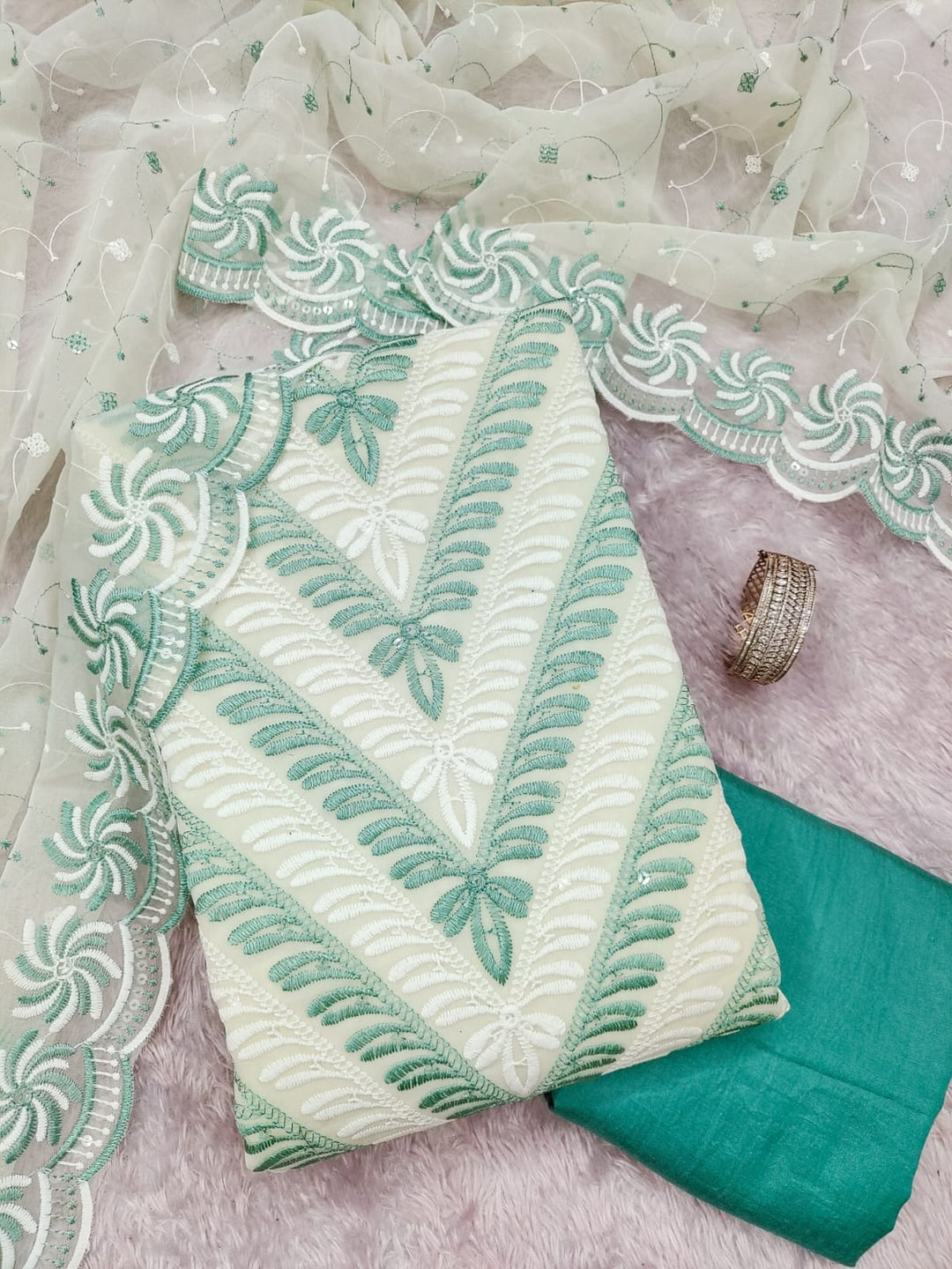Turquoise Georgette Embroidered Unstitched Dress Material - Image 4